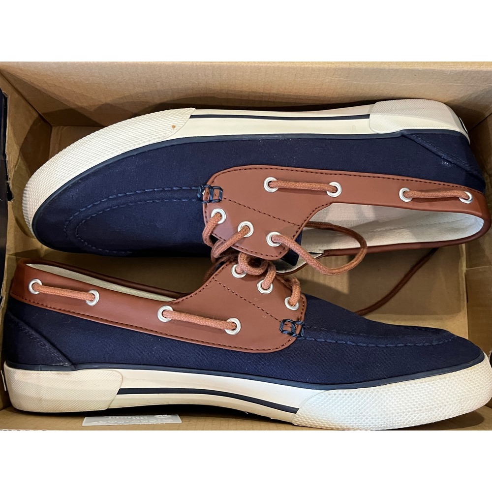 Polo Ralph Lauren Franz Mens Boat Shoes Navy Blue Brown Canvas Loafers Size 9D - Picture 1 of 10